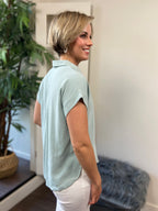 Celeste Sage Collard Cuffed Linen Top - MK Threads Boutique