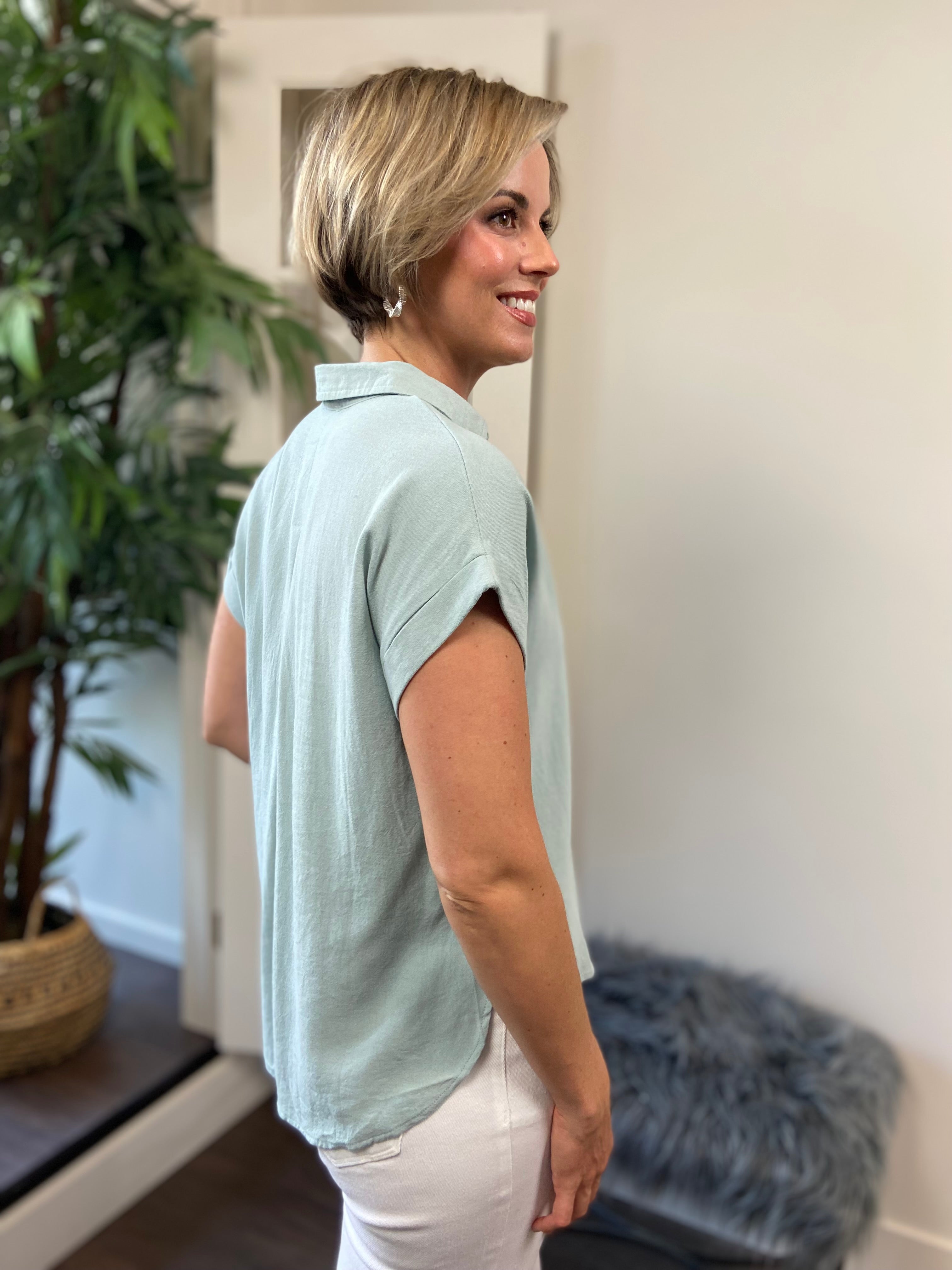 Celeste Sage Collard Cuffed Linen Top - MK Threads Boutique