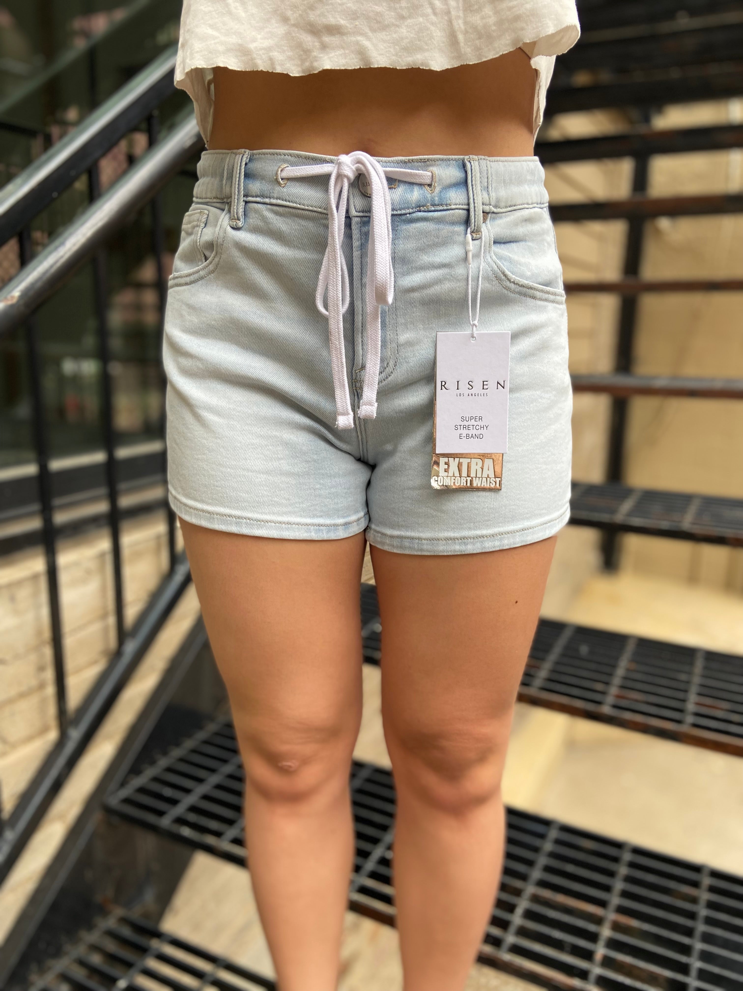 Allie Light Wash Elastic Tie Risen Jean Shorts