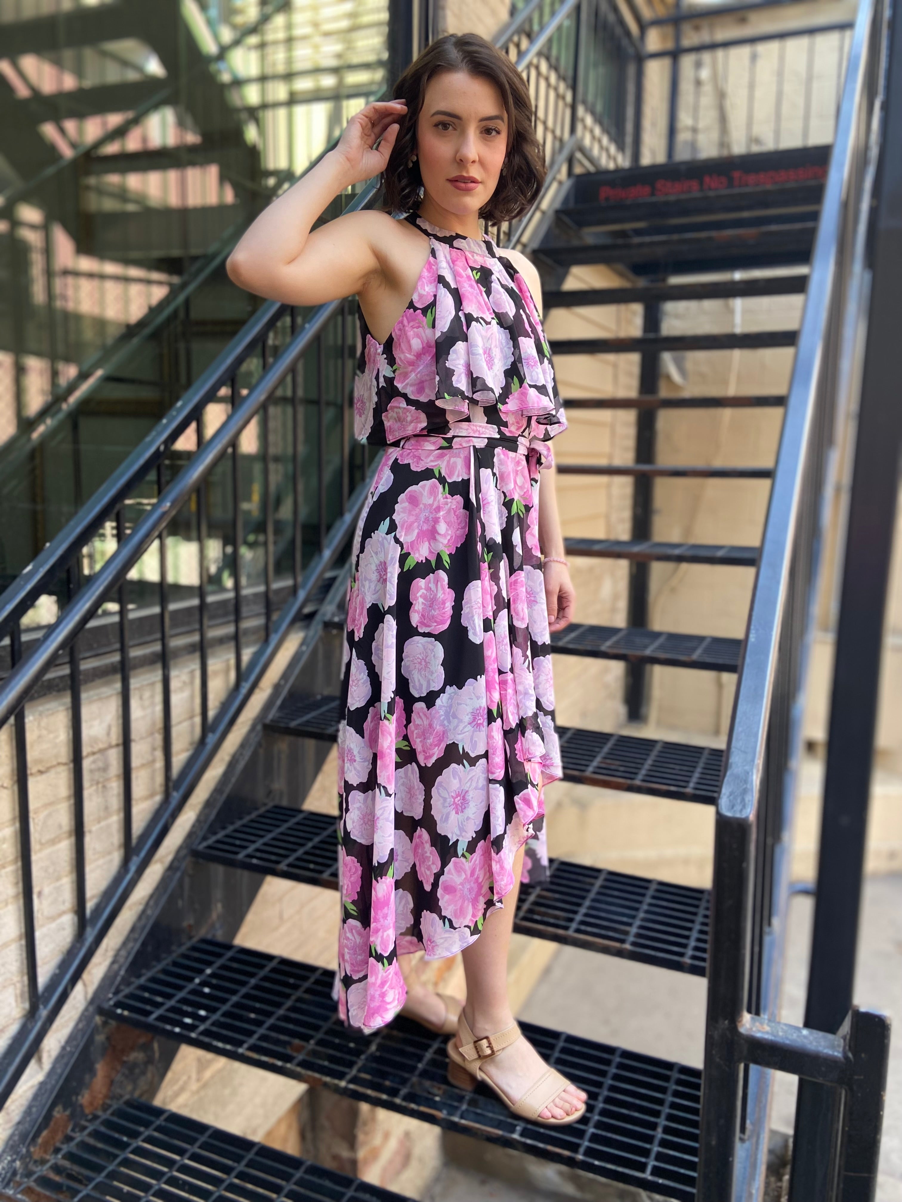 Ollie Black & Pink Halter Floral Maxi Dress