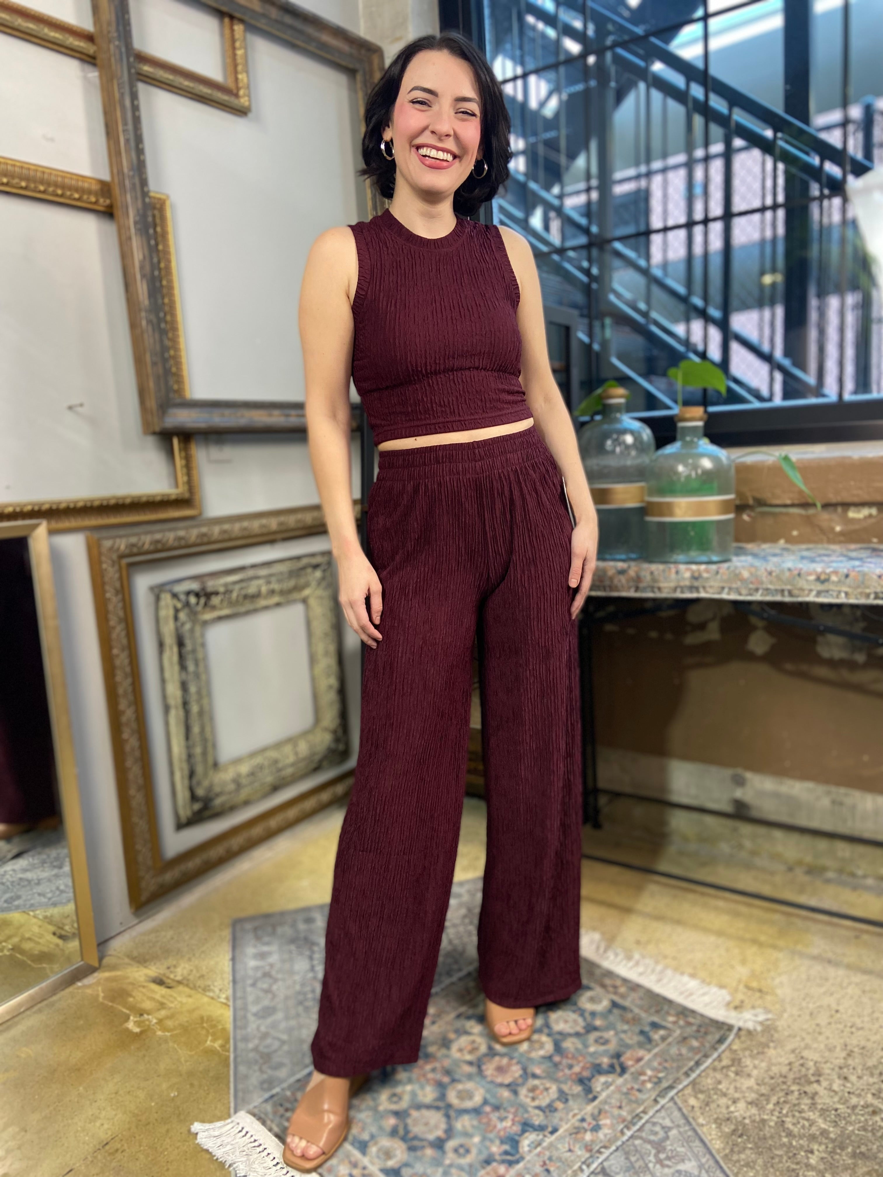 Gianni Plum Crinkle Textured Loungewear Set