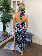 Natalie Black & Floral Detail Halter Neck Hi-Low Maxi Dress - MK Threads Boutique