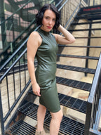 Malina Forest Green Vegan Leather High Neck Sleeveless Mini Dress