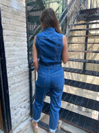 Claire Medium Wash Straight Leg Tie Waist Denim Jumpsuit