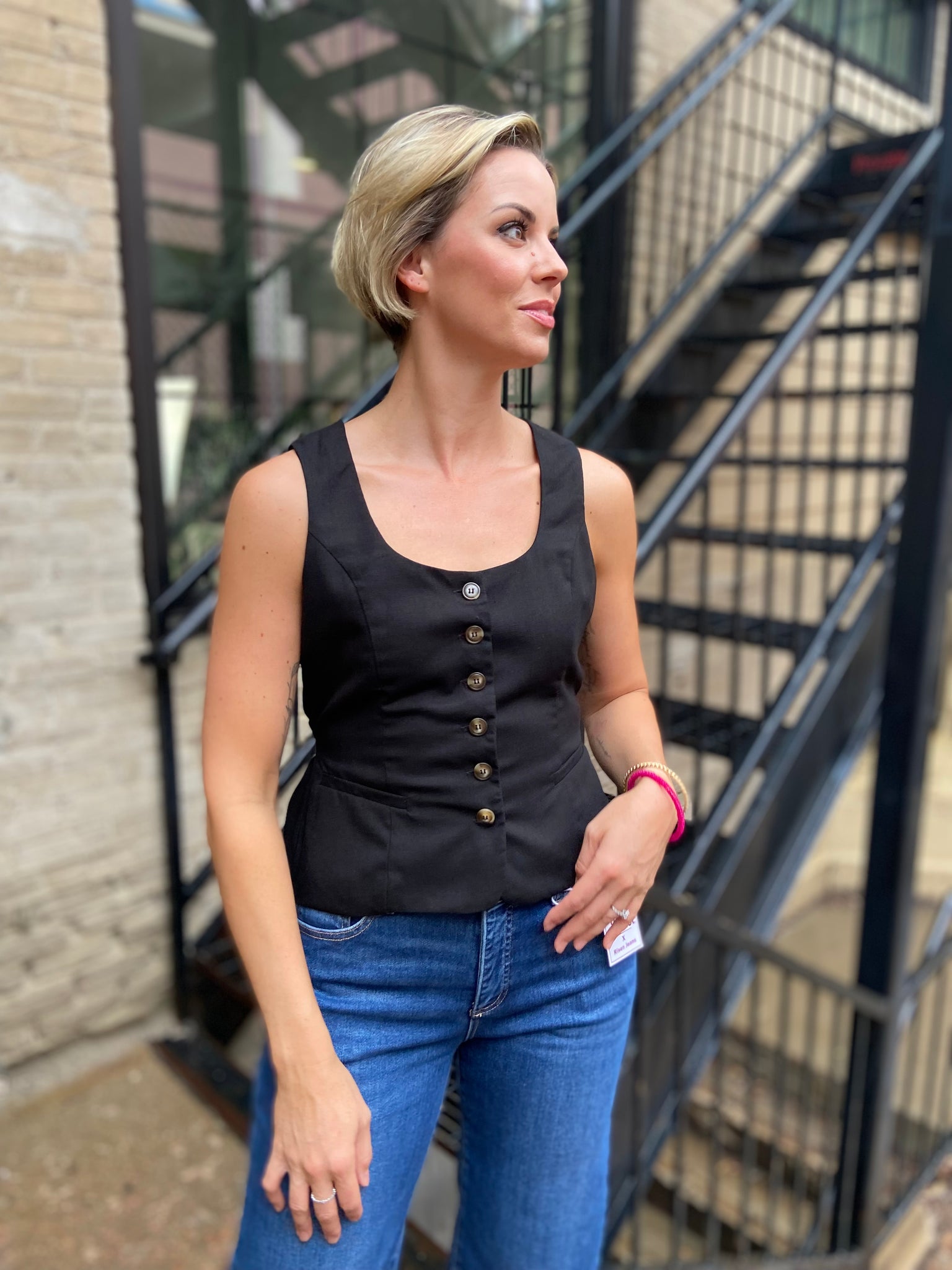 Keir Black Scoop Neck Linen Vest Top