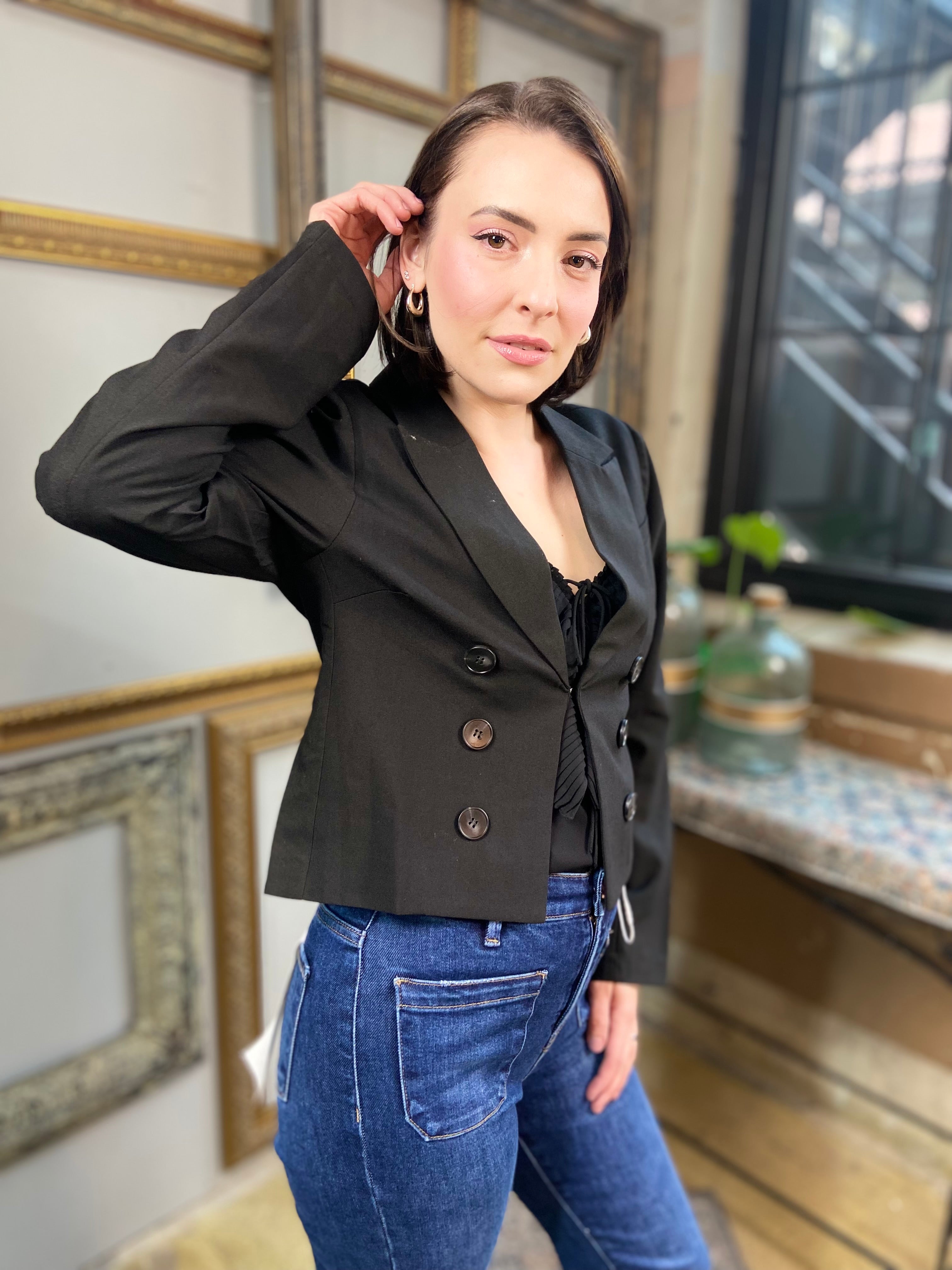 Joy Black Cropped Button Blazer Jacket