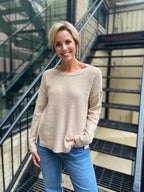 Mya Sand Raw Edge Crewneck Long Sleeve Top
