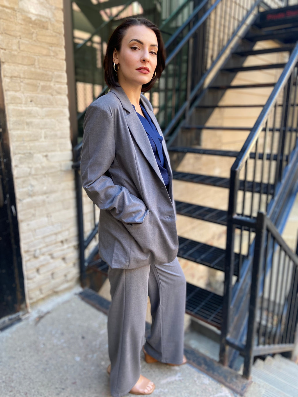 Nora Charcoal Gray Button Blazer