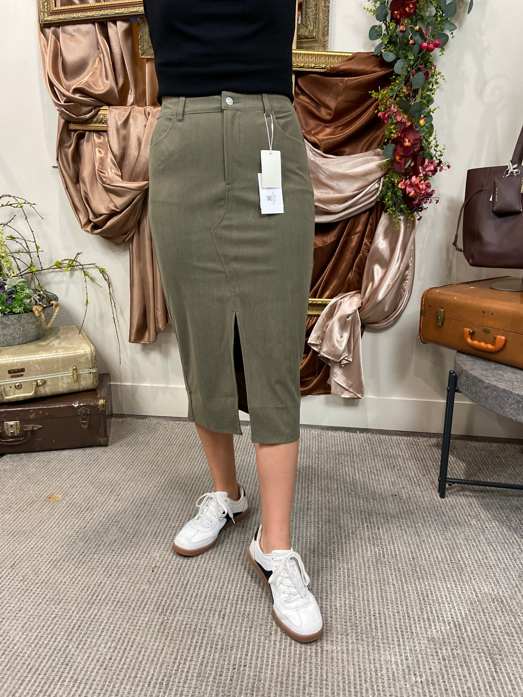 Scarlett Olive Slit Corduroy Midi Skirt