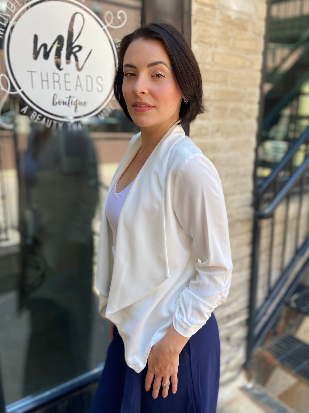 Sadi White Half Sleeve Open Cropped Blazer