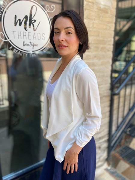Sadi White Half Sleeve Open Cropped Blazer