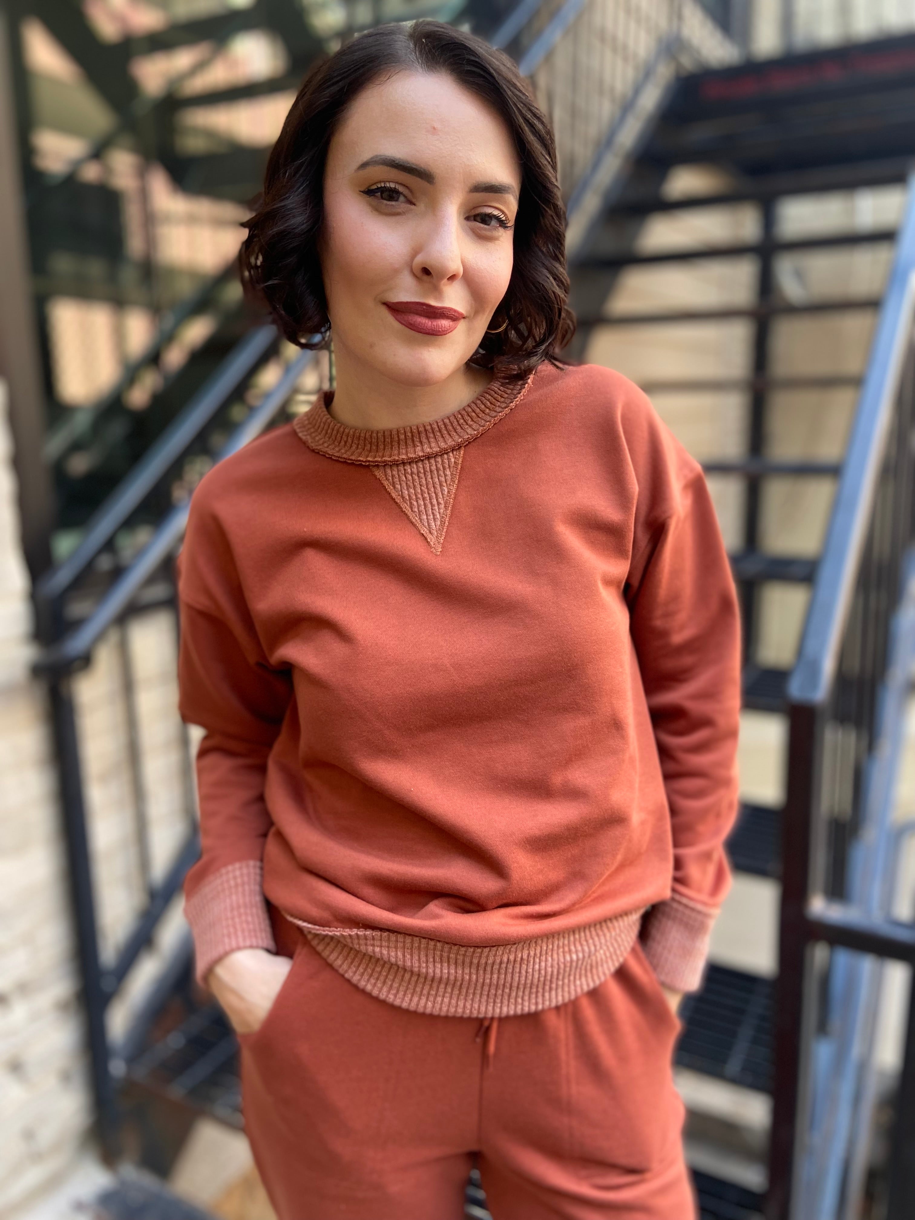 Stephanie Rust Ribbed Terry Knit Crewneck