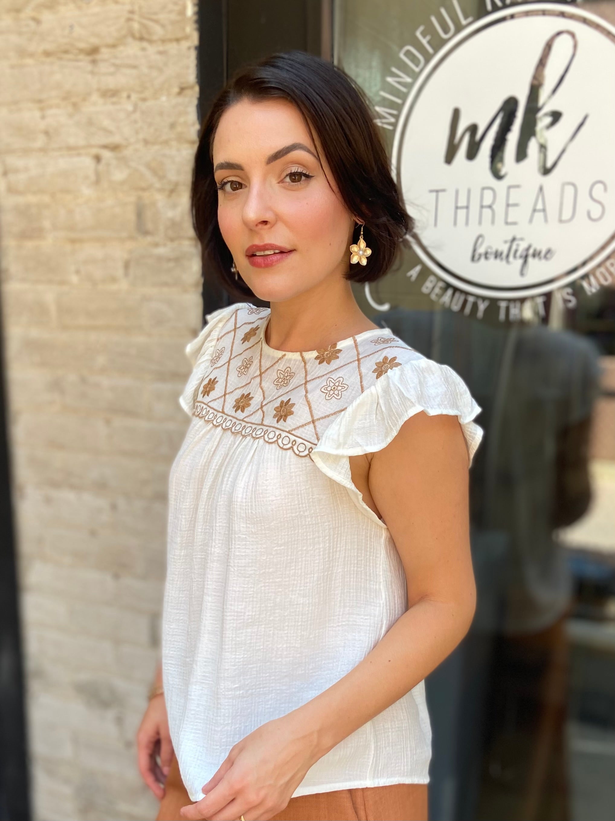 Vireo White Floral Embroidered Detail Top