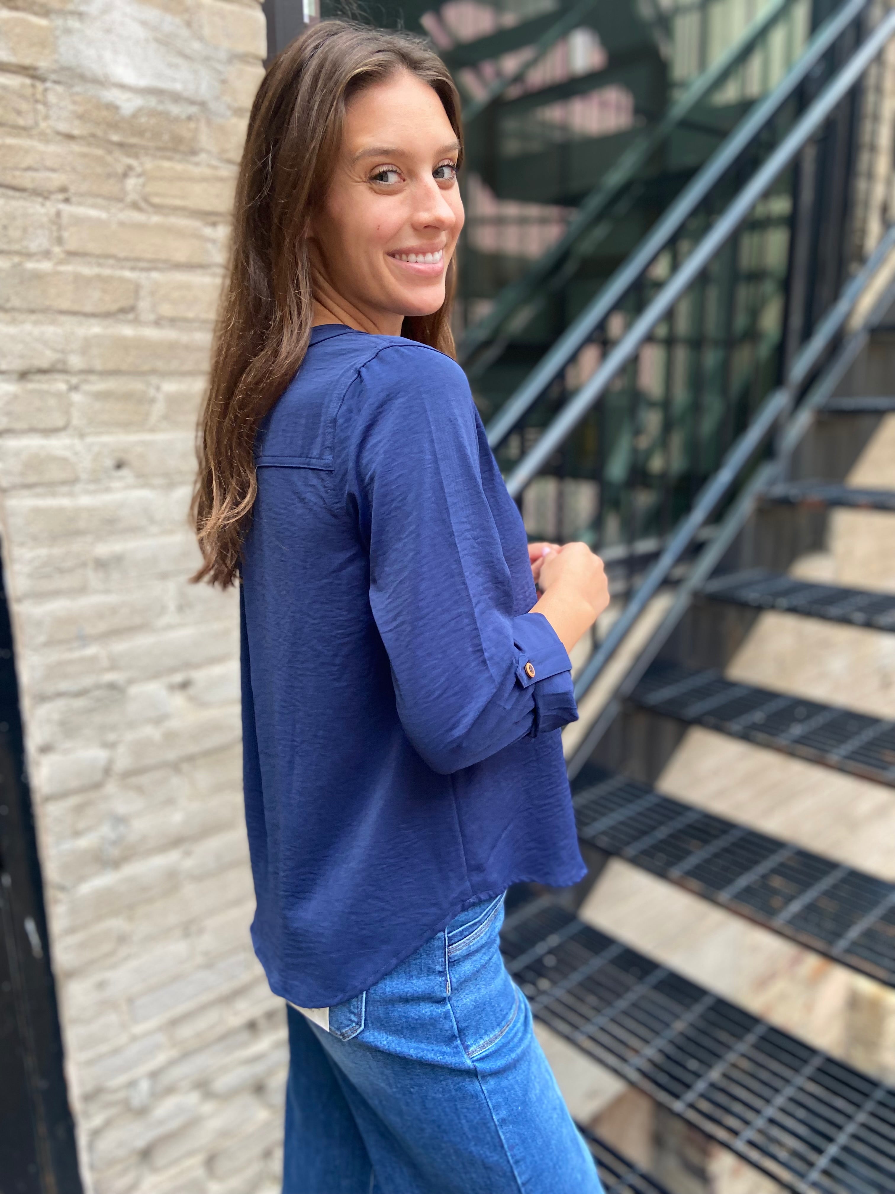 Oriana Navy V-Neck Long Sleeve