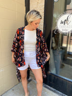 Coree Black Rust Floral Pattern Kimono
