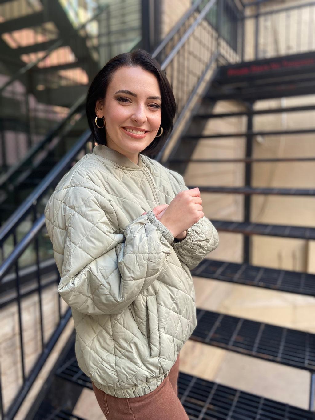 Geo Olive Quilted Bomber Jacket