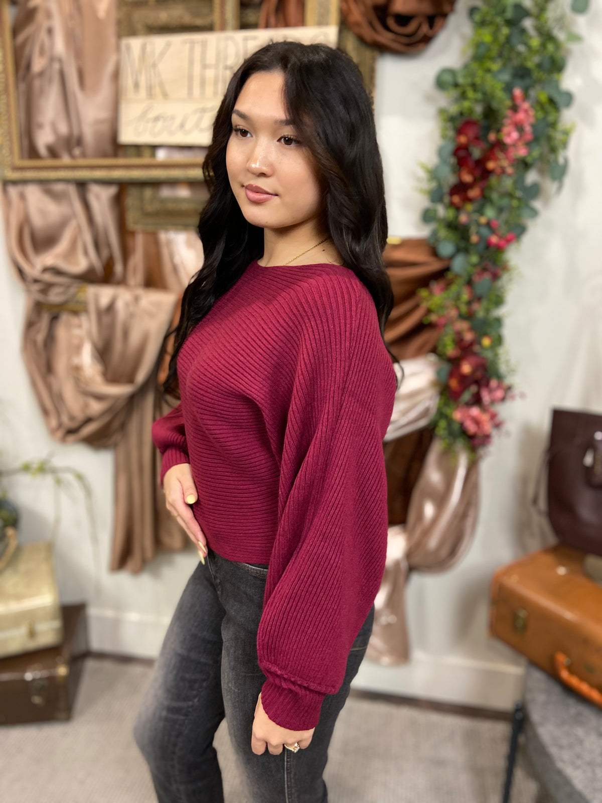 Zee Cabernet Boat Neck Ribbed Sweater