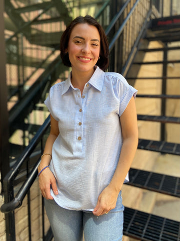Ronan Blue Half Button Striped Top