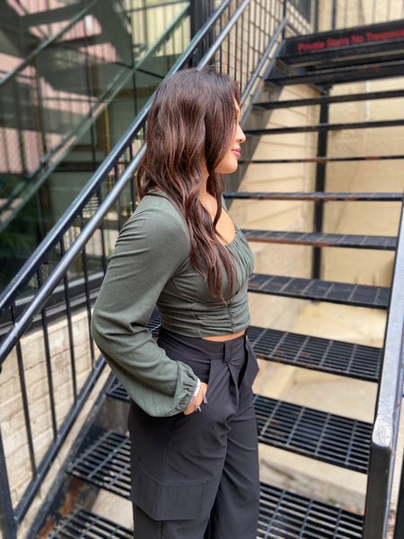 Brycen Pine Green Shirred Cropped Top