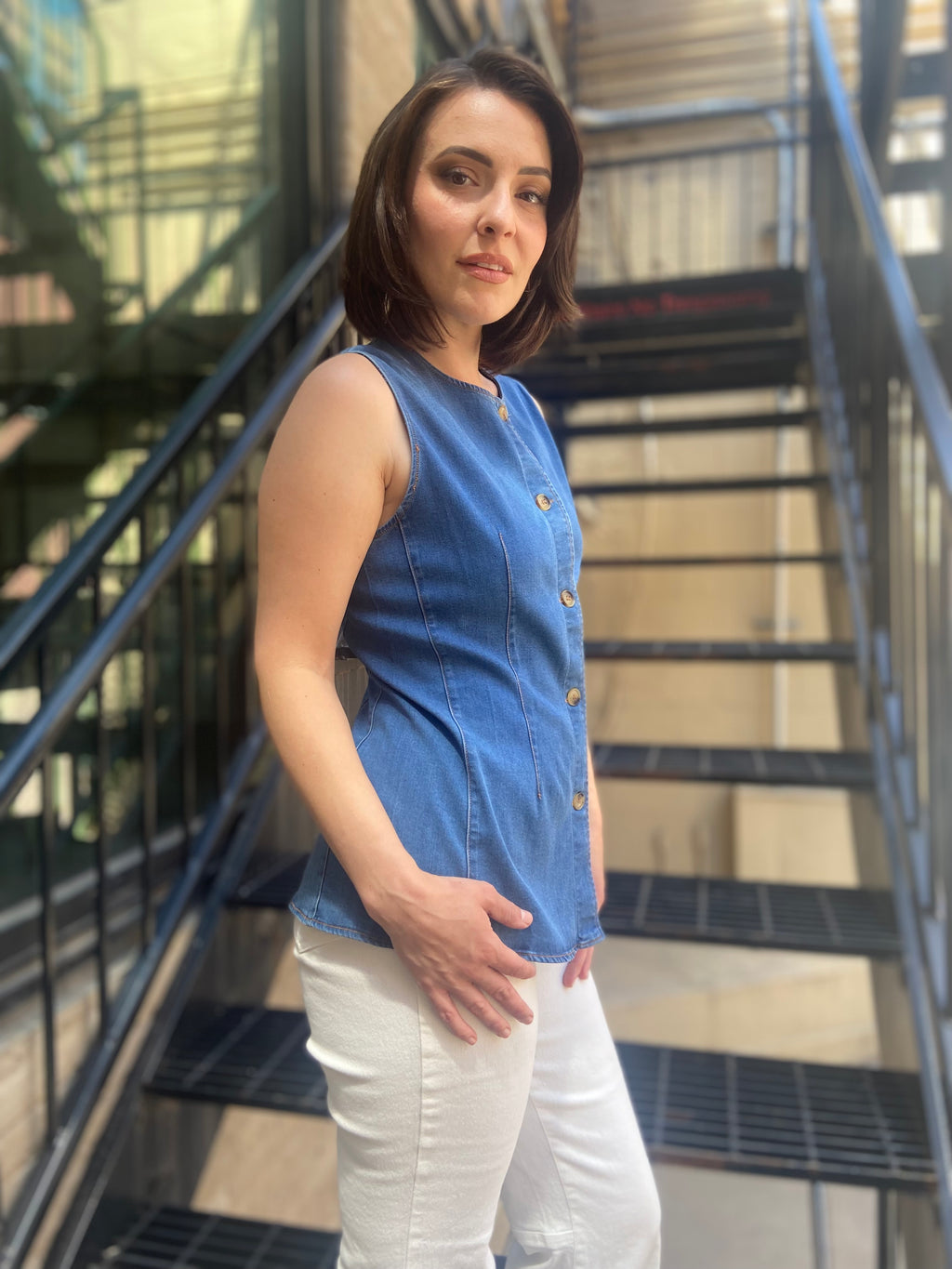 Angie Blue Denim Sleeveless Button Down Vest - MK Threads Boutique