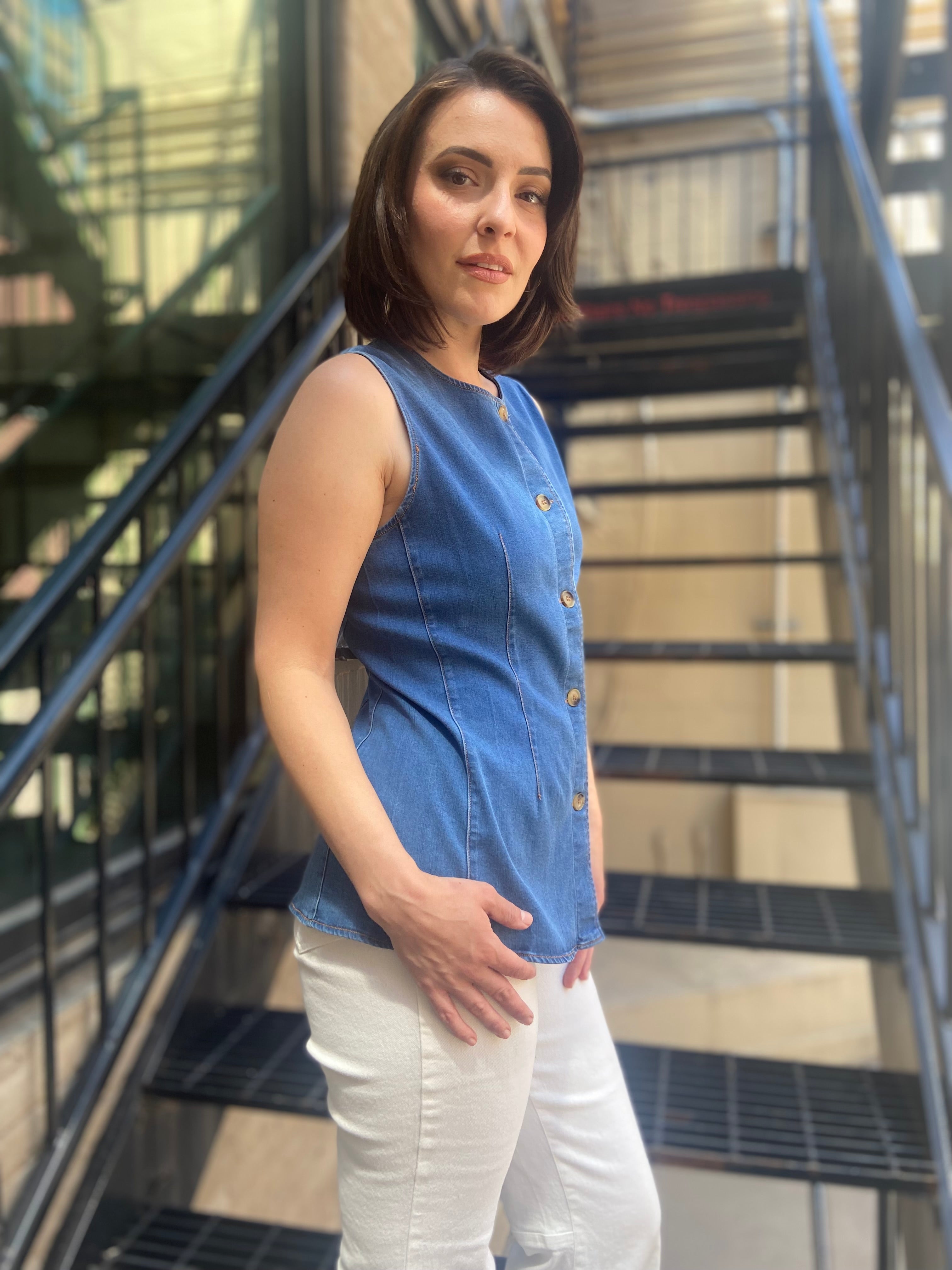 Angie Blue Denim Sleeveless Button Down Vest - MK Threads Boutique