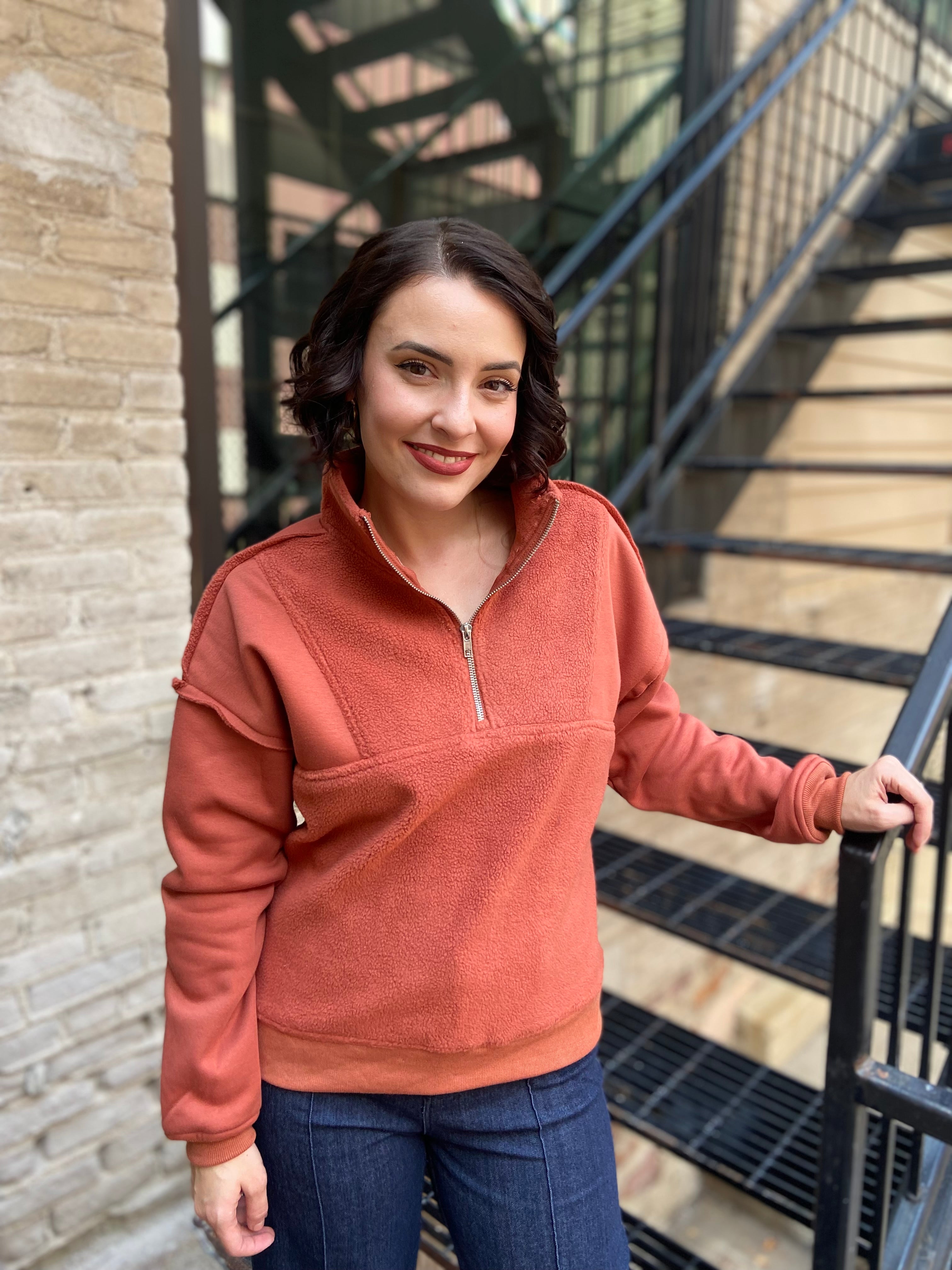 Kory Rust Half Zip Fleece Sweatershirt
