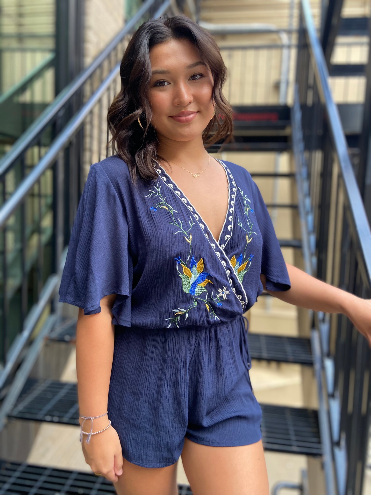 Birdie Navy Embroidered Romper