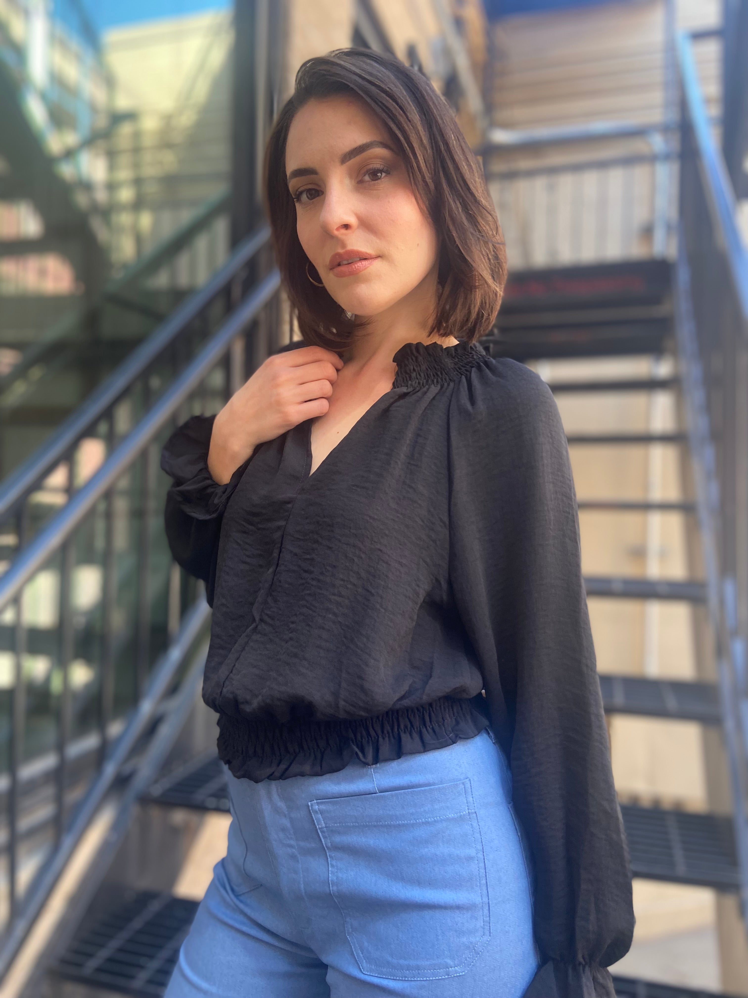 Nora Black Smocked Long Sleeve Blouse - MK Threads Boutique