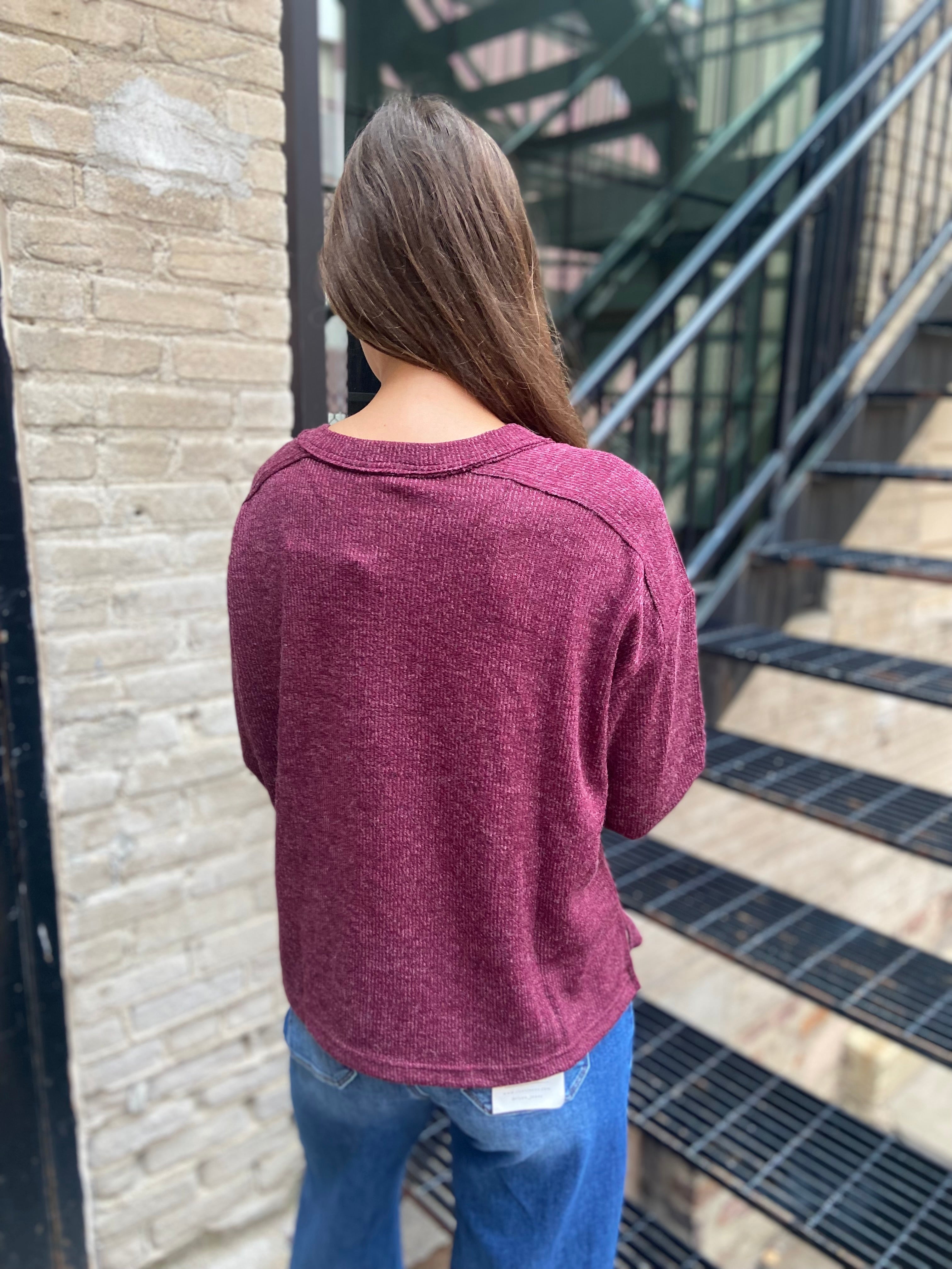 Kit Burgundy Ribbed Henley Long Sleeve Top