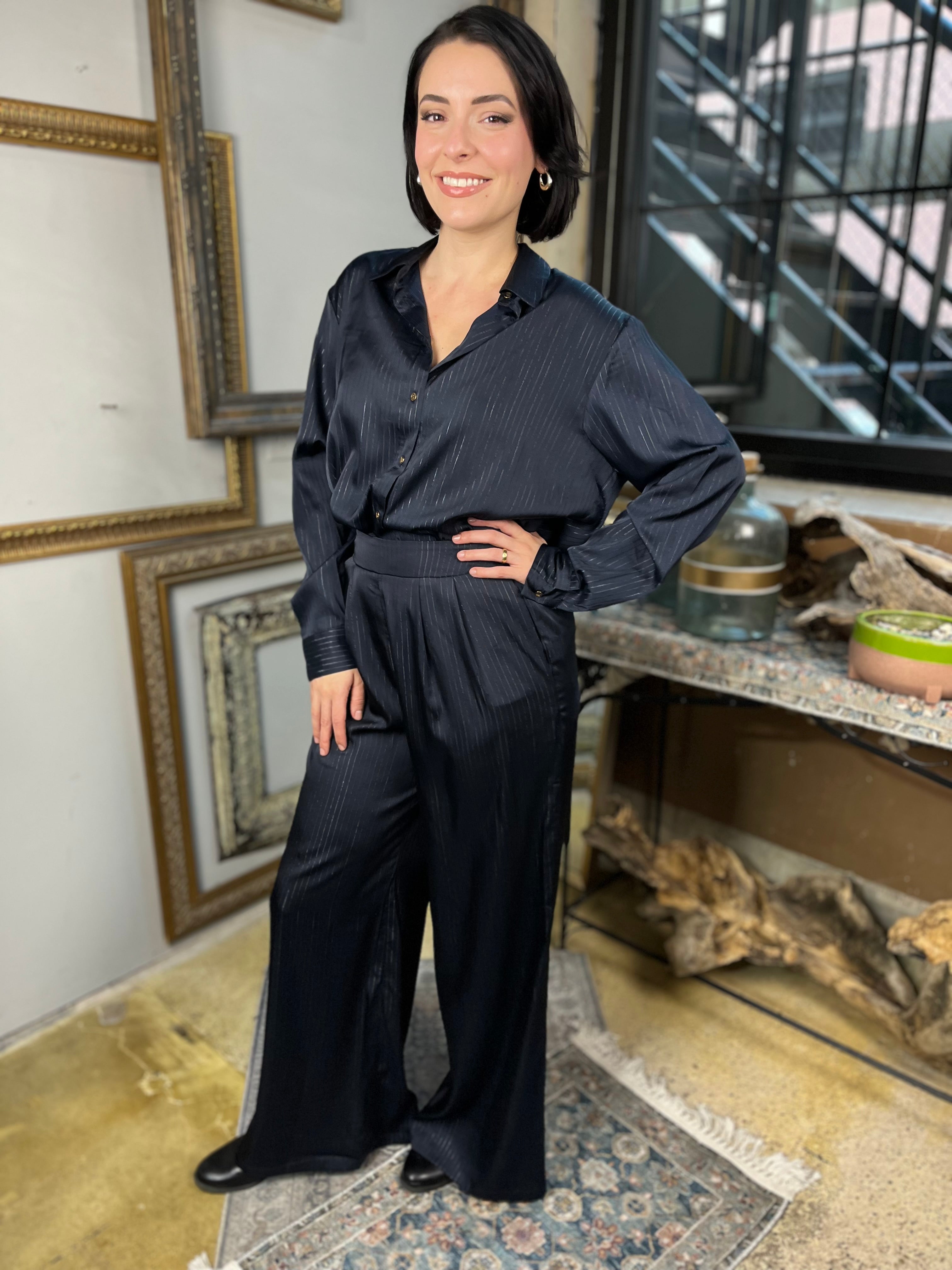 Sabrina Navy Wide Leg Pintuck Pants