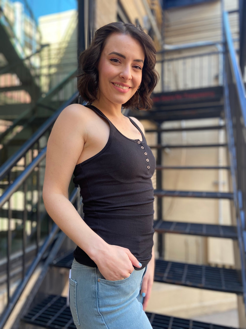 Emma Black Square Neck Button Tank Top - MK Threads Boutique