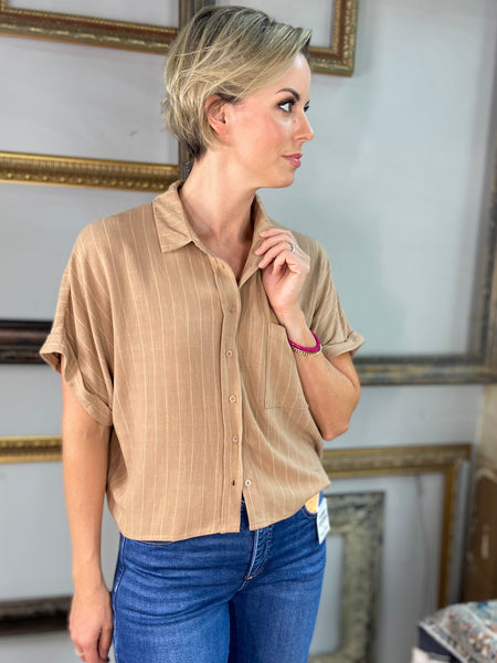 Cobri Taupe Oversized  Striped Button Down Top