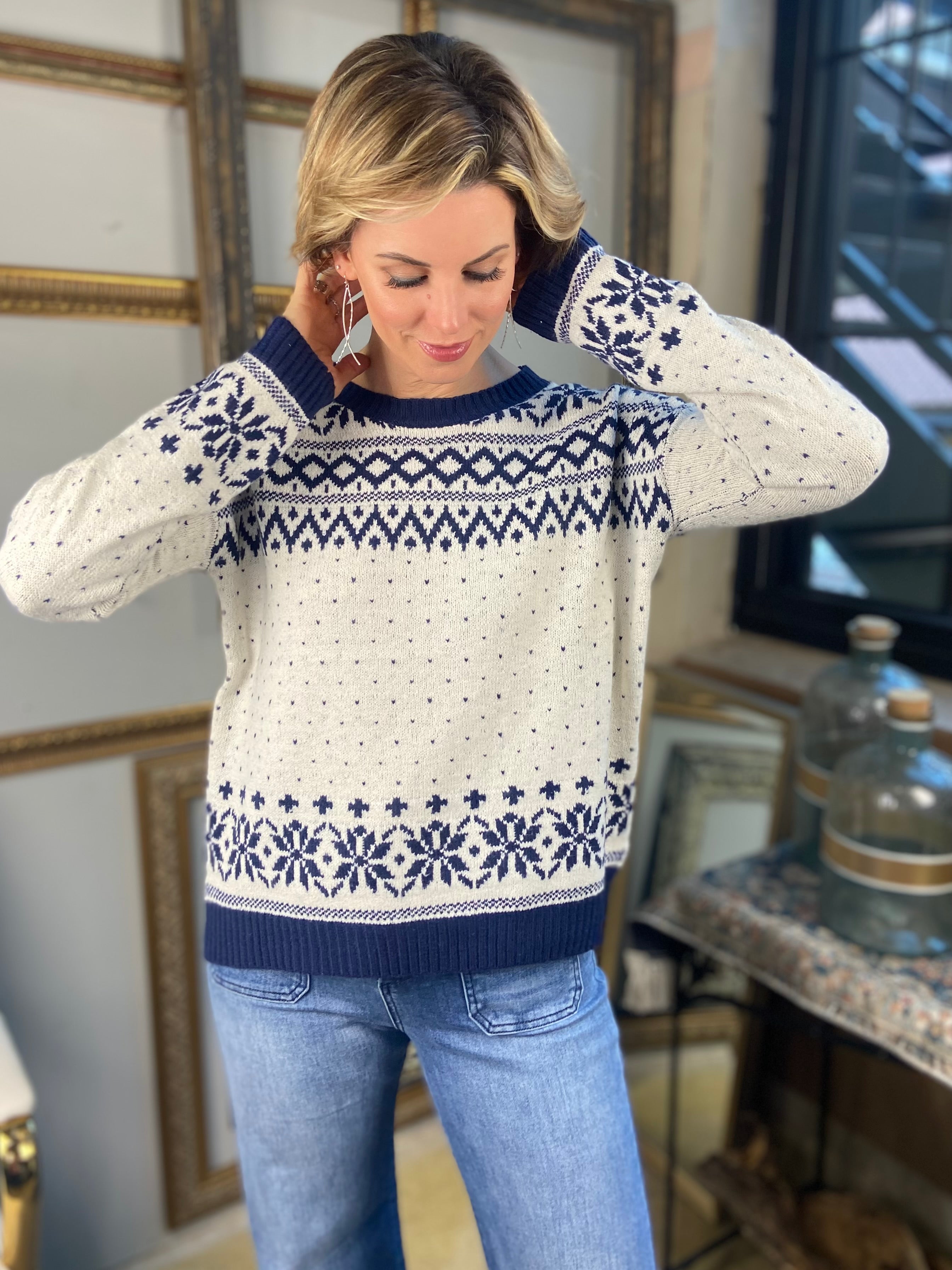Ellisa Ivory & Navy Pattern Knit Sweater