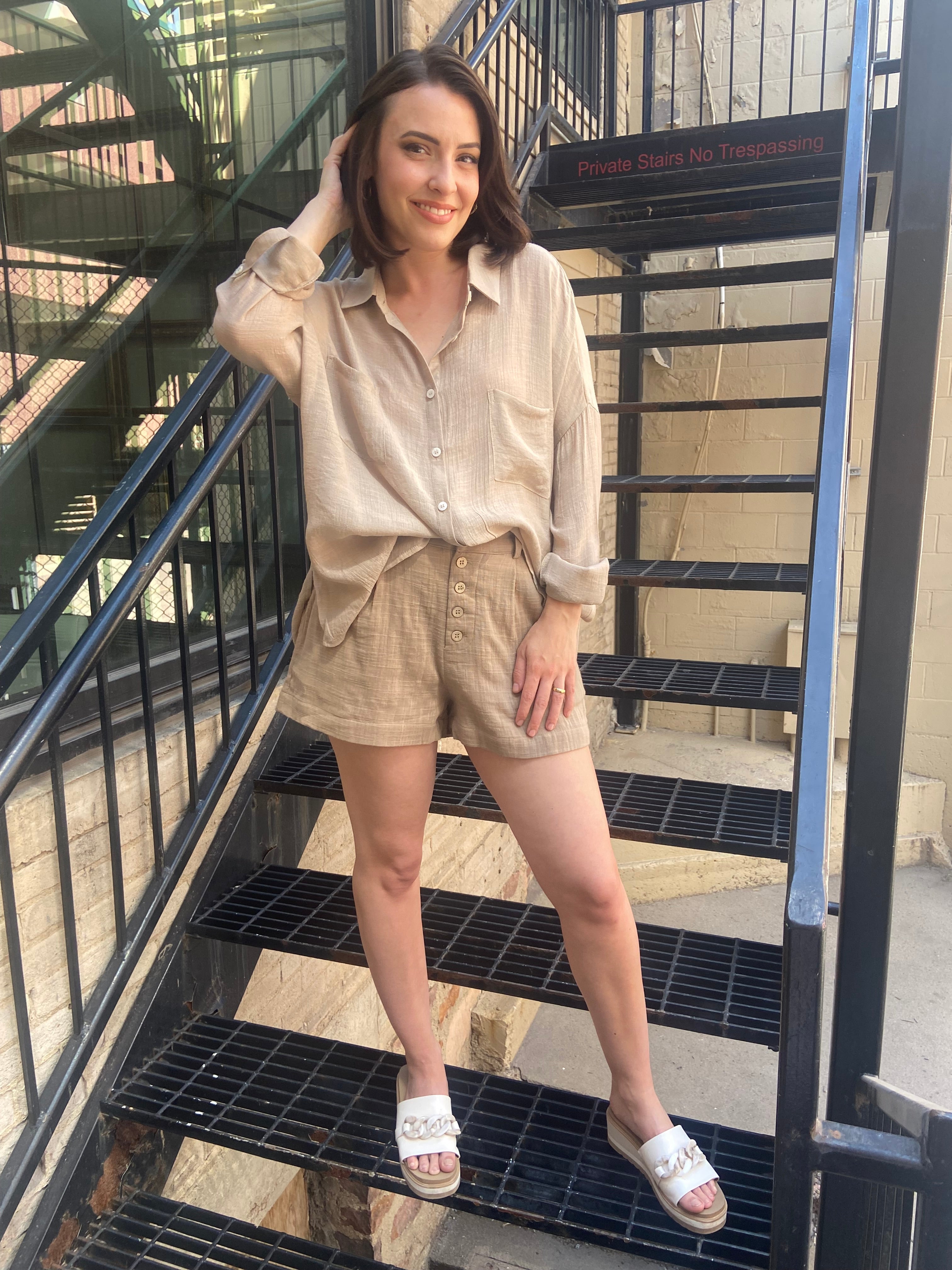 Catalina Taupe High Waisted Button Shorts - MK Threads Boutique