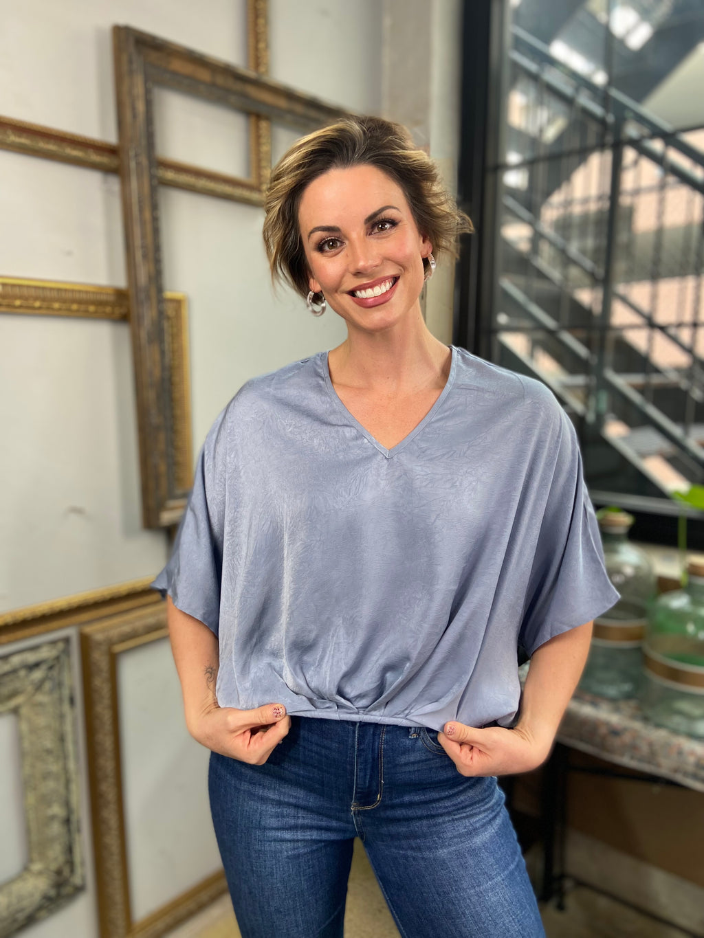 Everette Light Blue Satin Sleeveless Blouse - MK Threads Boutique