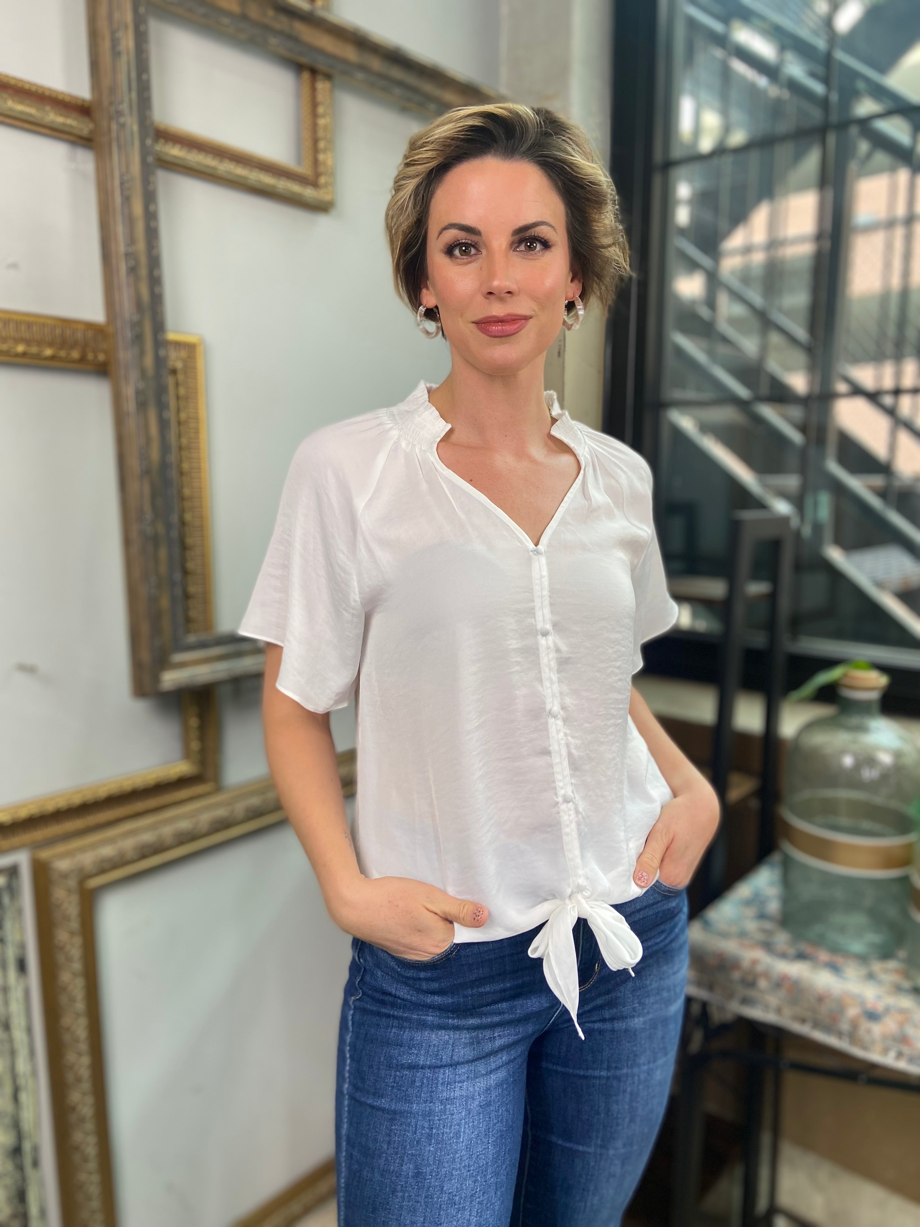 Sophie Off White Short Sleeve Button Up Top - MK Threads Boutique
