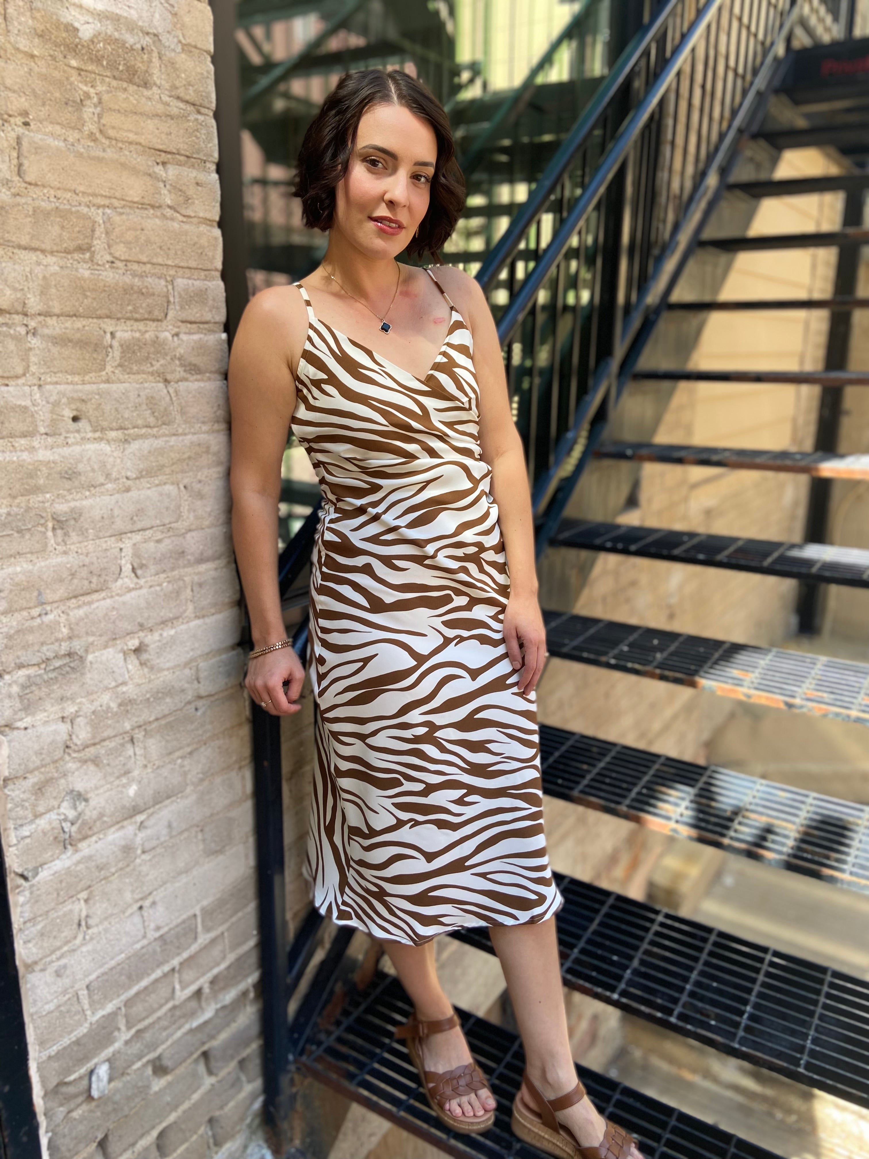 Callie Brown Zebra Print Midi Dress