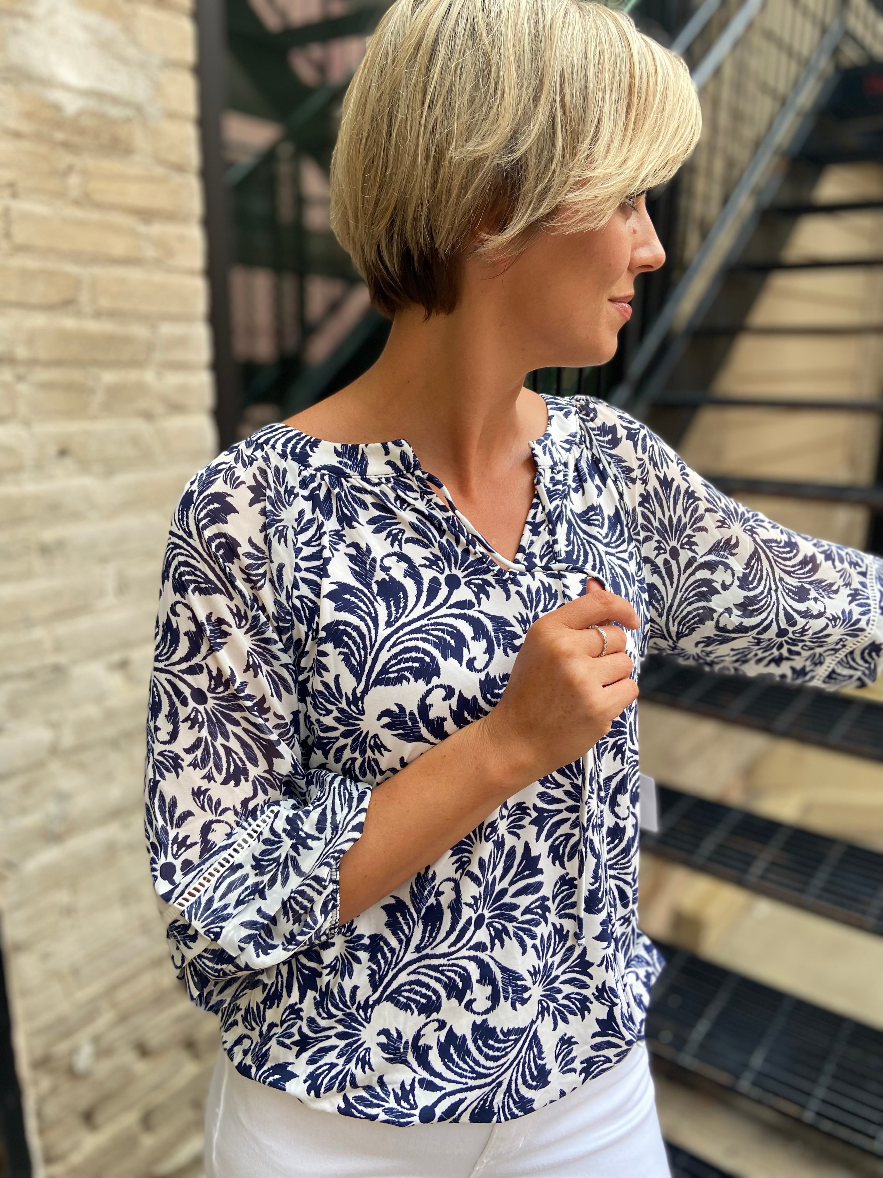 Allison Cream and Navy Floral Quarter Sleeve Blouse