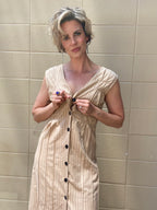 Theo Beige V Neck Striped Midi Dress - MK Threads Boutique