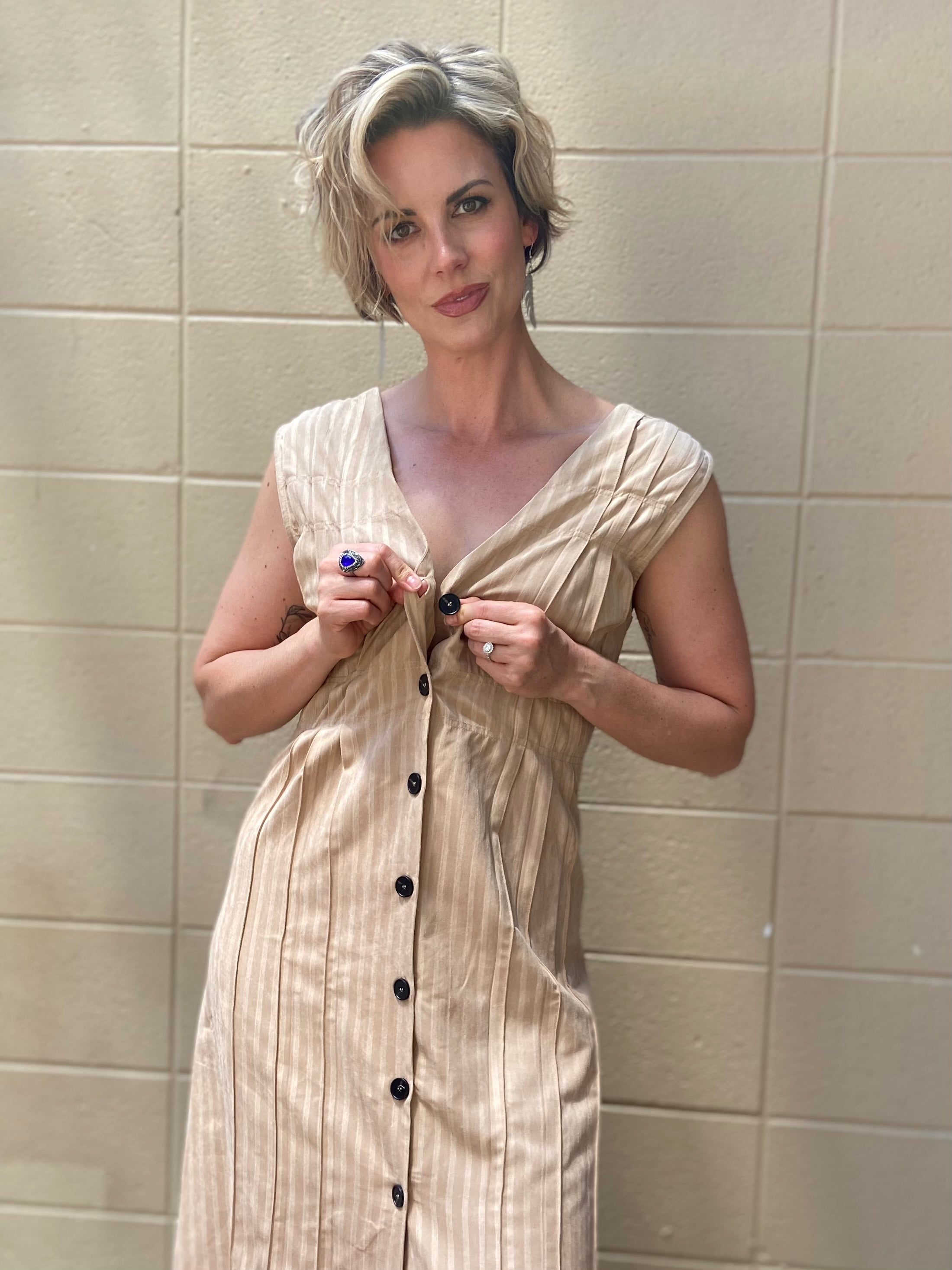 Theo Beige V Neck Striped Midi Dress - MK Threads Boutique