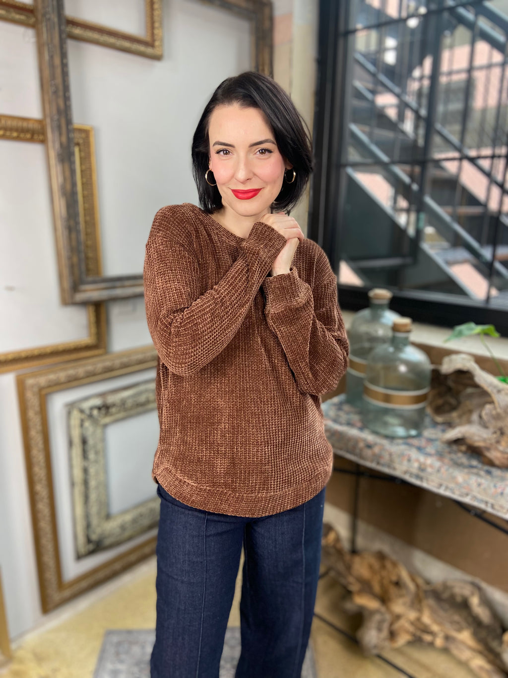 Kayla Brown Chenille Waffle Round Neck Sweater