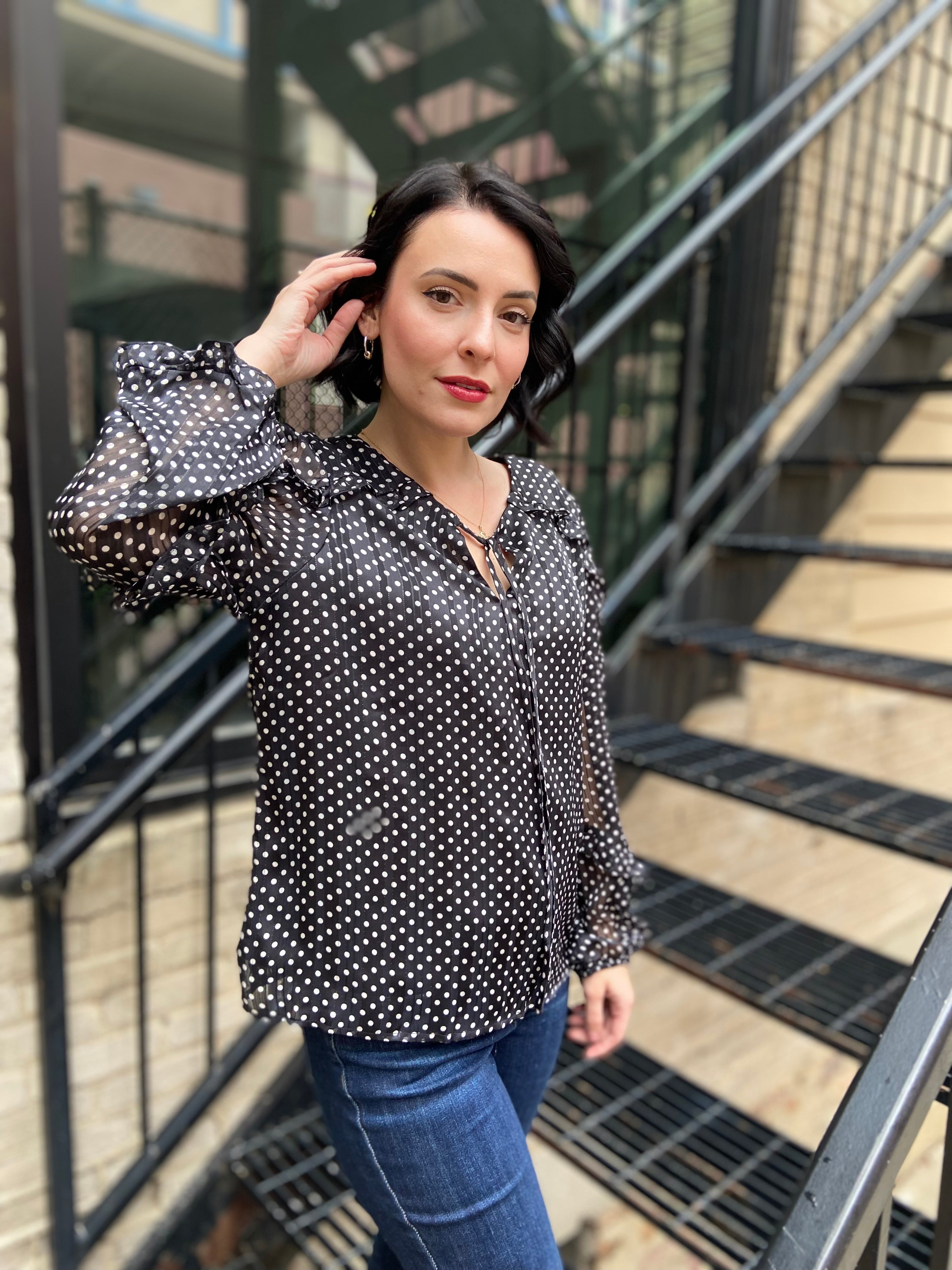 Erika Black & White Polka Dot Long Sleeve Blouse