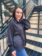 Kate Black Pleated Long Sleeve Button Up