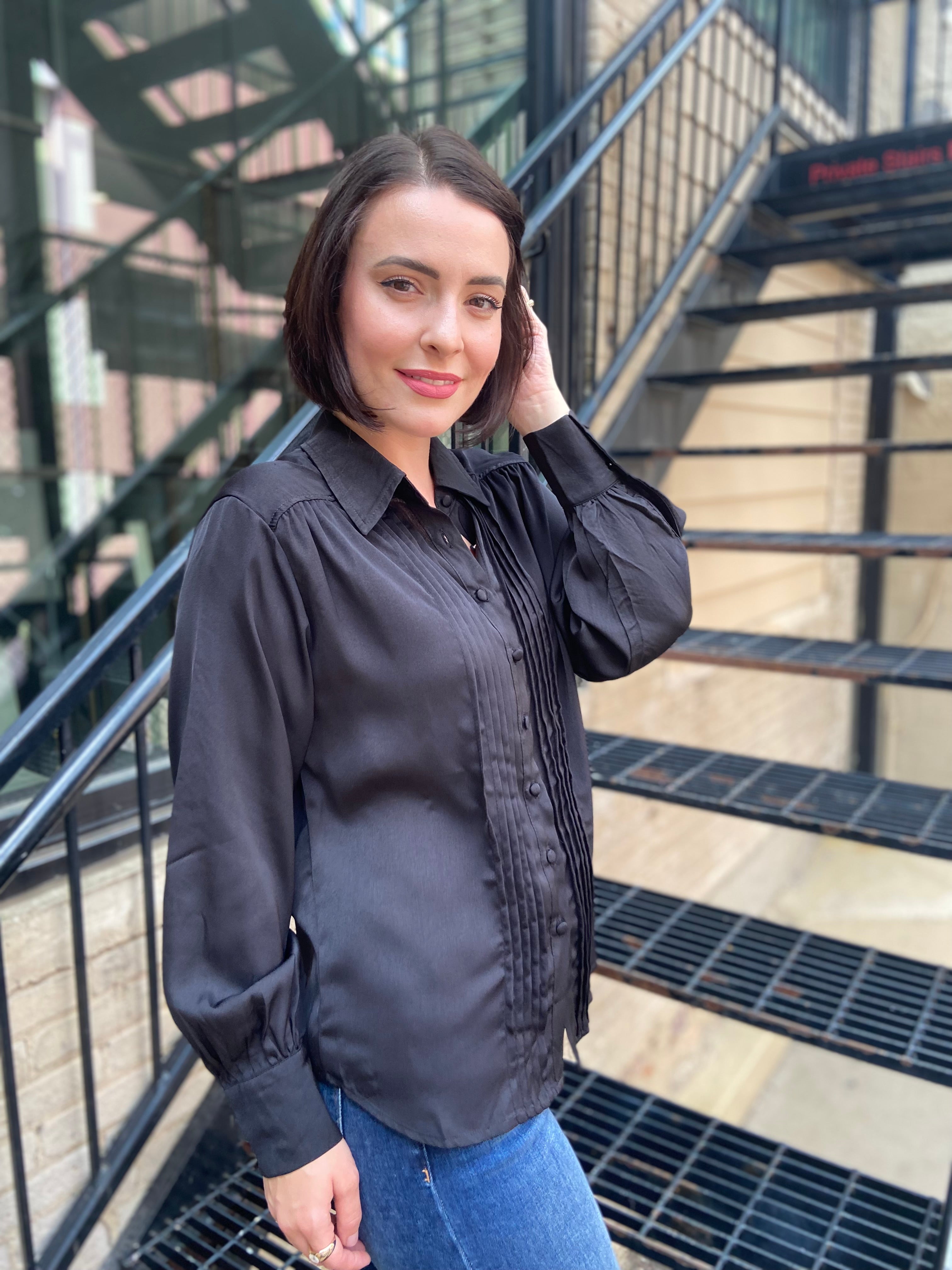 Kate Black Pleated Long Sleeve Button Up