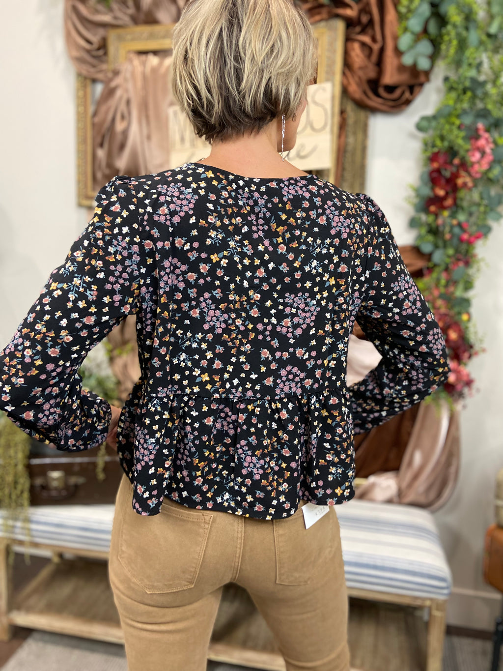 Sara Black Floral Baby Doll Blouse
