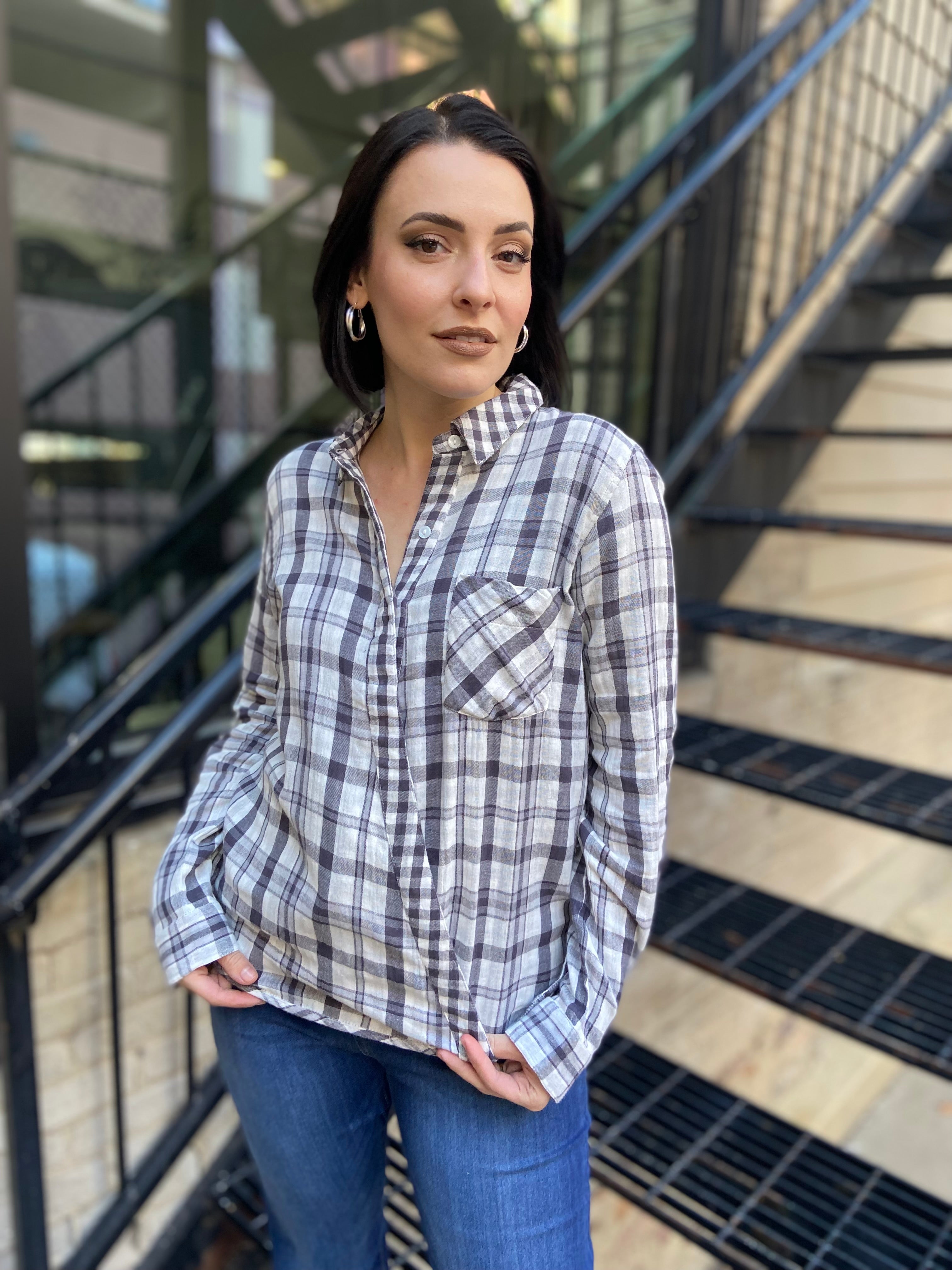 Megan Off White & Charcoal Asymmetric Flannel