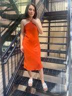 Cassey Orange Satin Halter Top Maxi Dress