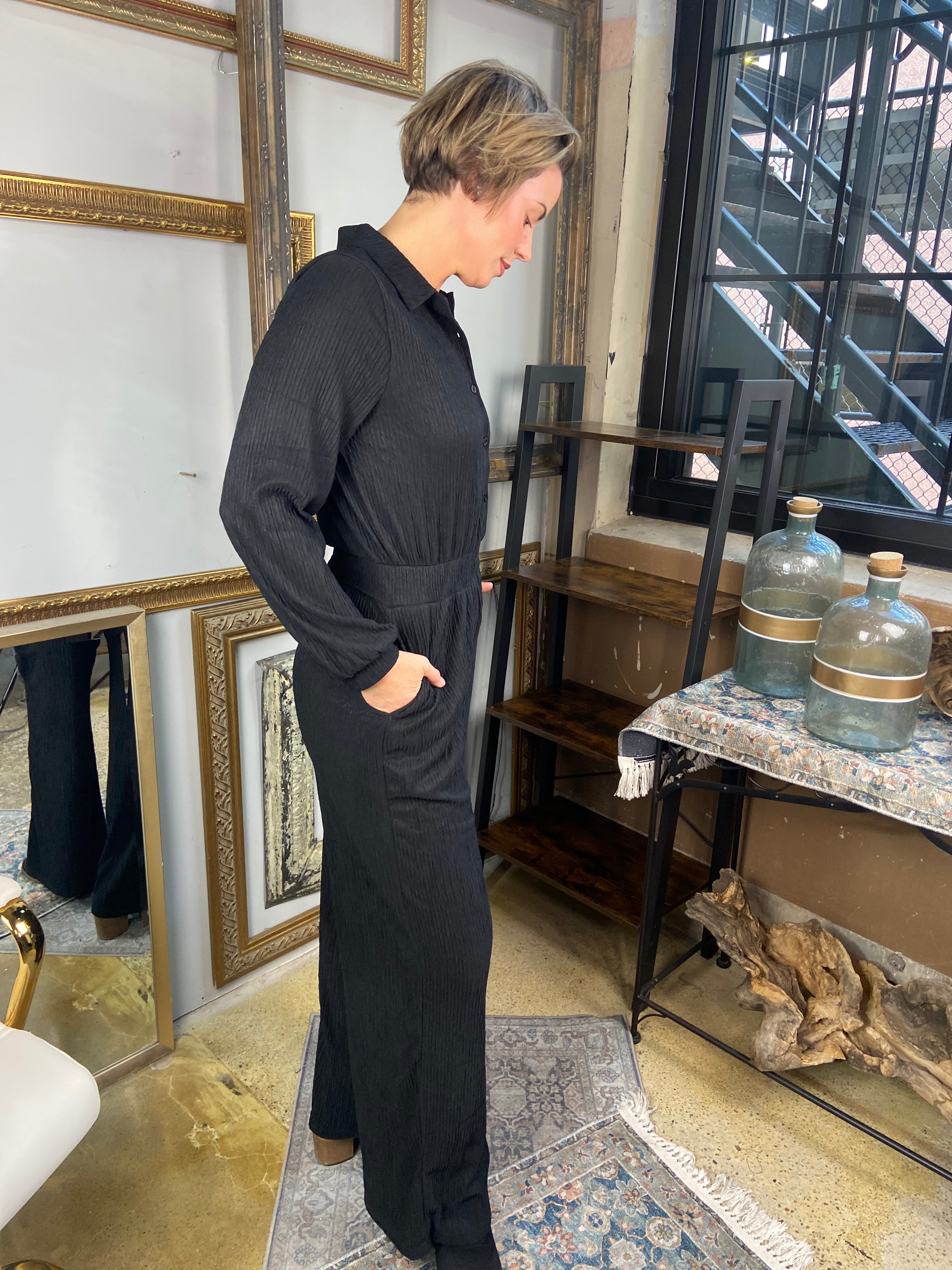 Lillie Black Long Sleeve Button Up Crinkle Jumpsuit