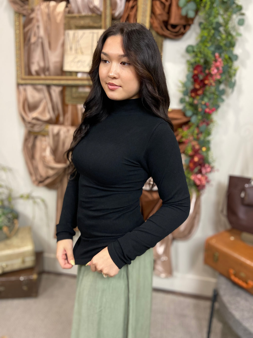 Noel Black Mock Neck Long Sleeve Top