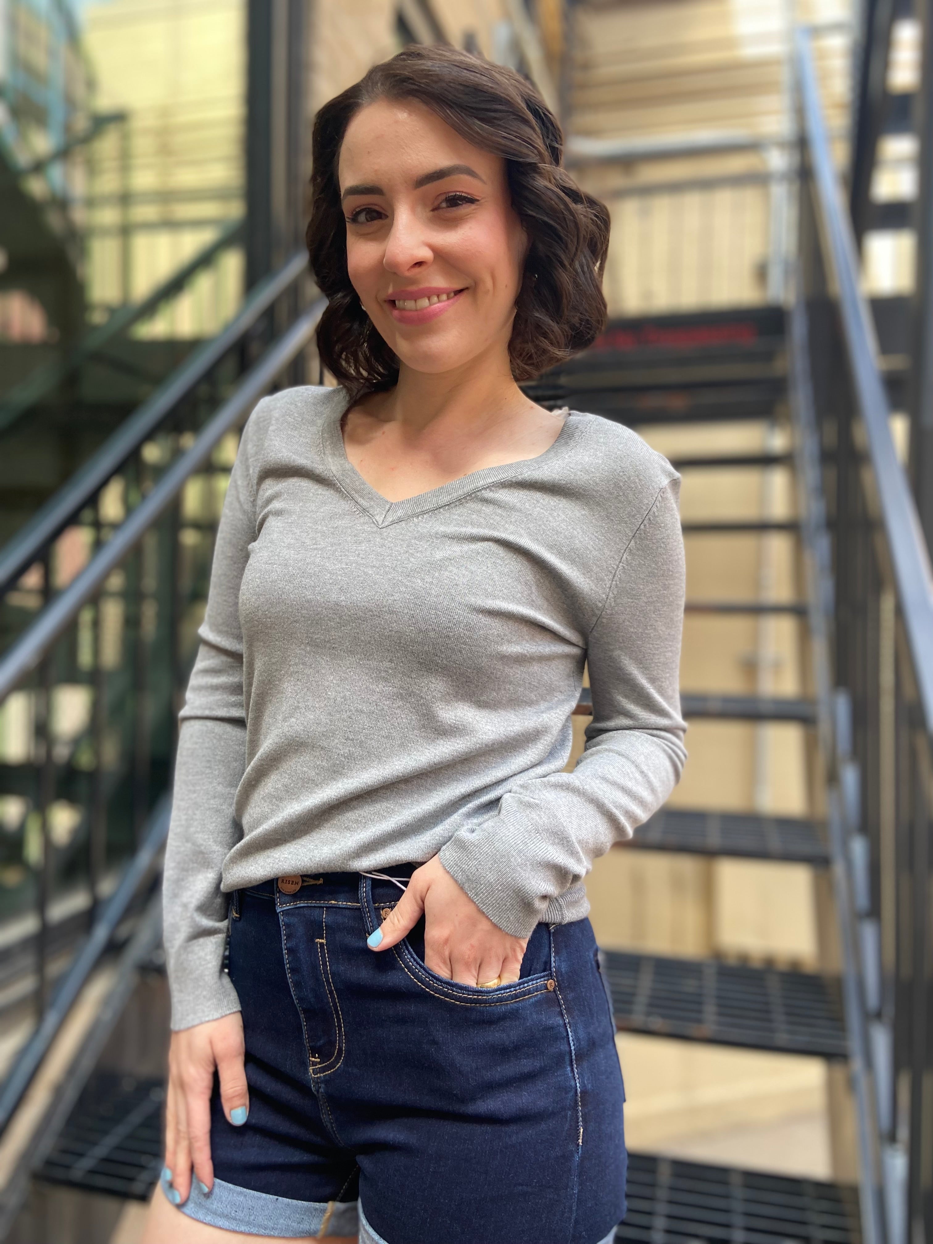 Elara Heather Gray V Neck Long Sleeve - MK Threads Boutique